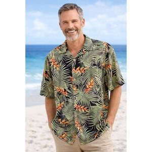 Joe Marlin Mens XL Tropical Palm Bird of Paradise Rayon Blend Camp Shirt Black